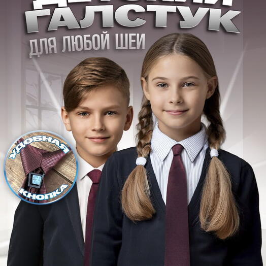 Галстук для школы на стяжке бордовый с клетчатой текстурой