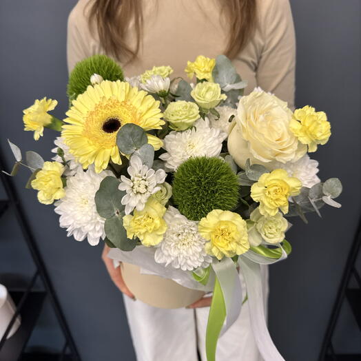 💚💛Летняя коробка Flowalova, Гербера, диантус, хризантема, роза