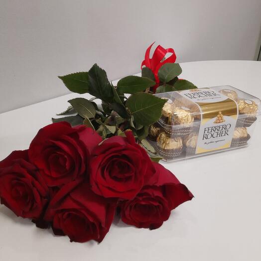 Подарочный набор 5 красных роз и ферерро
