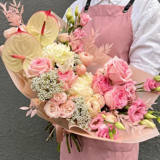 Author's bouquet of white Hydrangea, peony Roses and Anthurium