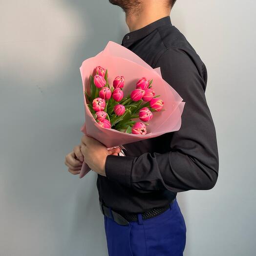 Букет из 15 розовых пионовидных тюльпанов