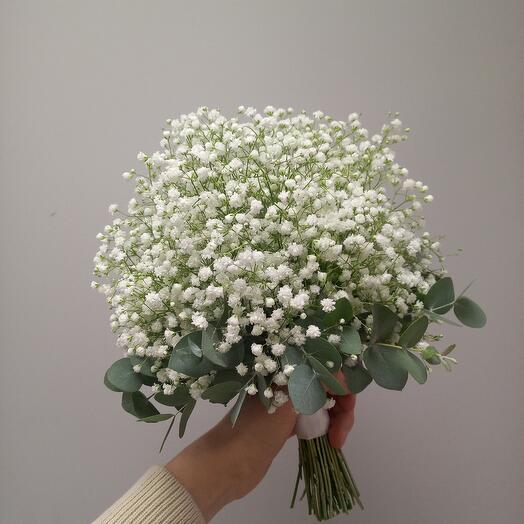 Bride's bouquet of white gypsophila and eucalyptus