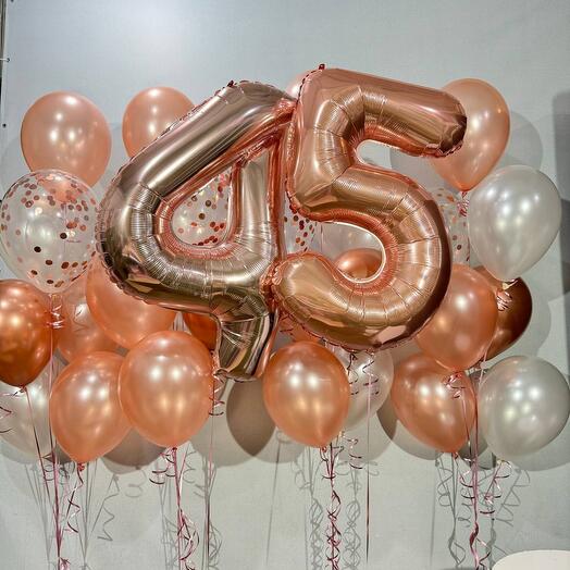 Шарики с гелием цвета розовое золото на юбилей 45 лет с цифрами 30 шт