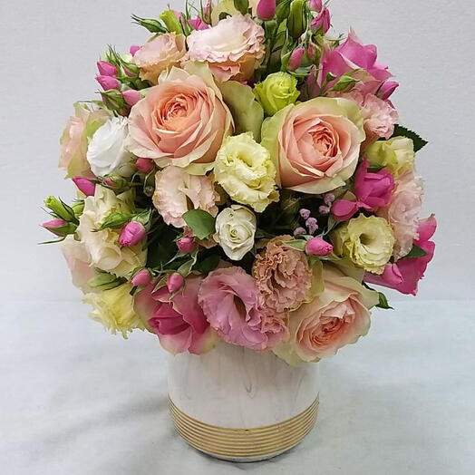 Rosy Peach Delight: 10 Peach Roses, 5 Stems Peach Estoma, 5 Stems Pink Hypericum   2 Stems Pink Baby Roses