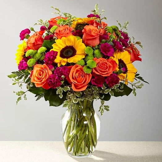 Appreciation: Mix Variety of Blooms in Vase | Sunflowers, Orange Roses, Spray Carnations, Chrysanthemums