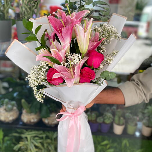 Pink Lilly With Pink Rose Bouquet