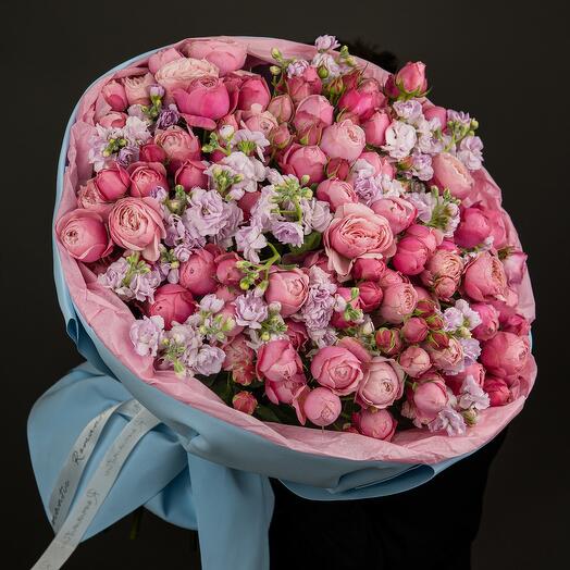 Giant bouquet of peony-shaped bush roses "Arabian Night"