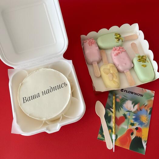 Бенто торт с Вашей надписью и набор пирожных «картошка» в белом шоколаде на день рождения мужу, жене, подруге, другу, коллеге