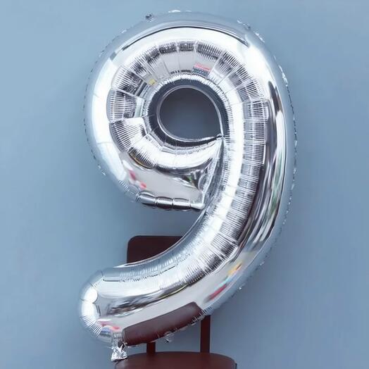 Шар цифра серебрянная 9, 102 см
