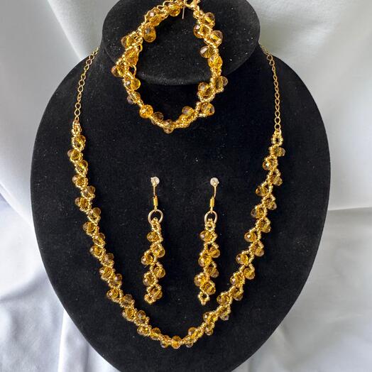 Комплект "Веточки" (колье, браслет, серьги), темно-желтый