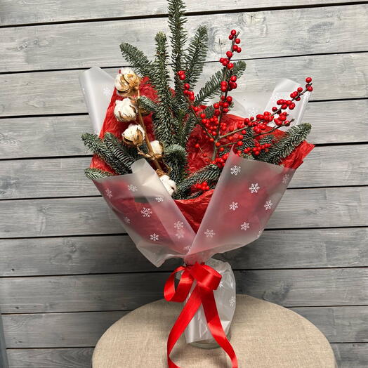 Букет Снежинка из нобилиса, иликса и хлопка