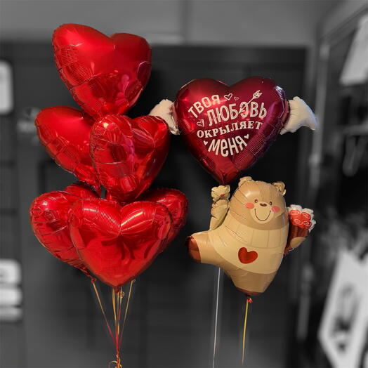 Гелиевые шары сердца и медвежонок