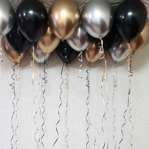 Гелиевые шары под потолок 15 шт 🎈 чёрный, золото, серебро на день рождения