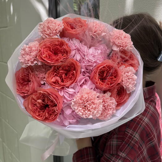 Hydrangea, garden rose Candy, dainthus