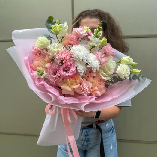 Дофаминовый букет L / Ароматная Французская Роза, стойкая эустома, хризантема и нежный диантус + сладкий подарок 🎁