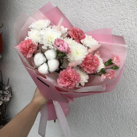 Нежный букет-комплимент🌸Bloom room, Диантус, хризантема, лагурус, хлопок