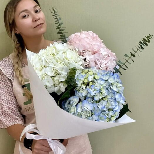 Букет из 3 шт. Разноцветных гортензий ( розового, голубого и белого цвета) с ароматным эвкалиптом 2 шт