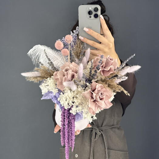Композиция из сухоцветов💐 Стабилизированная белая гортензия и хлопок, Француская Роза розовая
