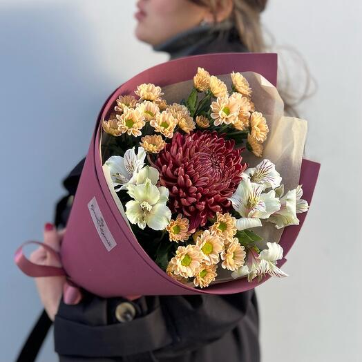 Bouquet "Bourbon on cherry" (chrysanthemum curlers, santini, alstroemeria)