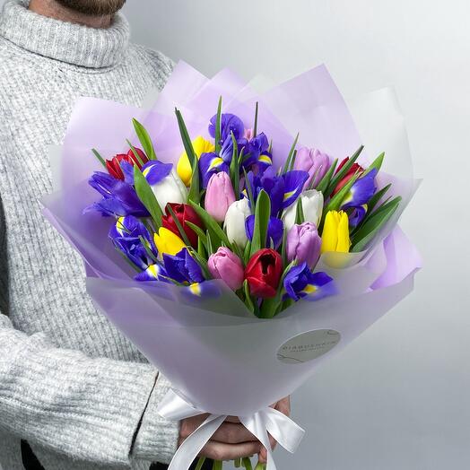 Bright bouquet of tulips mixed with blue irises (size M)