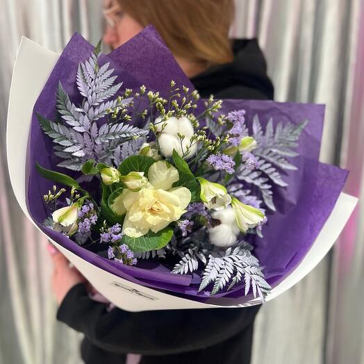Ramo " 5x5 "(brasica, algodón, alstroemeria, statica, Limonium y helecho)