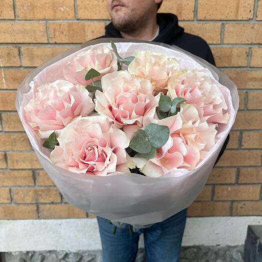 French pink roses with eucalyptus
