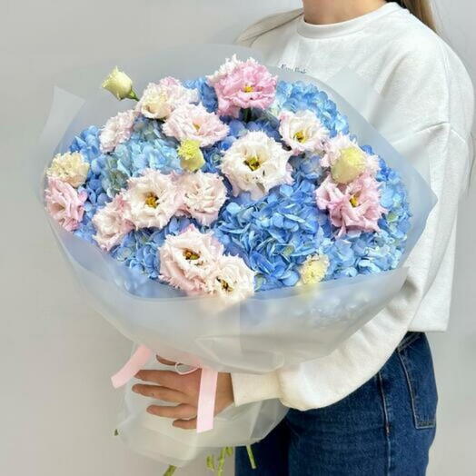 Blue Hydrangeas And Pink Eustoma Bouquet