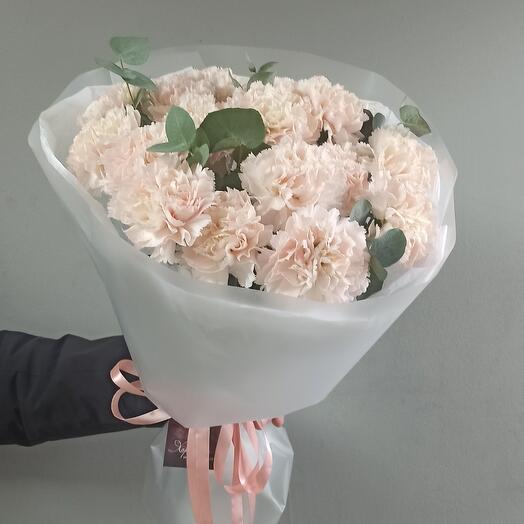 Mono of tender-rose dianthus and eucalyptus