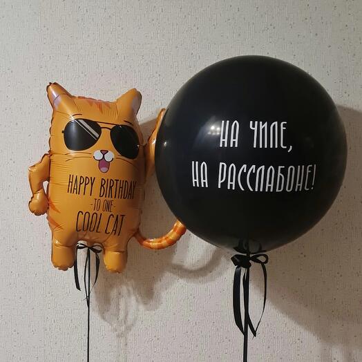 Композиция из большого шара с индивидуальной надписью и котом