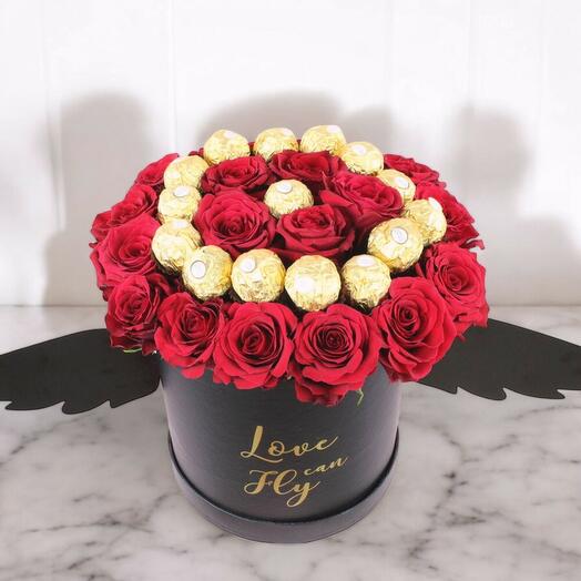 Red Roses with Ferrero Topping Stylish Black Box