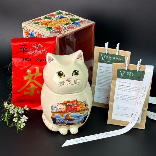Чайница «котик» с росписью город. Керамика. + фирменный чай в подарок