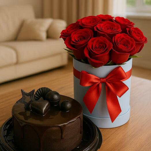 Шоколадный торт и букет роз Подарок учителю