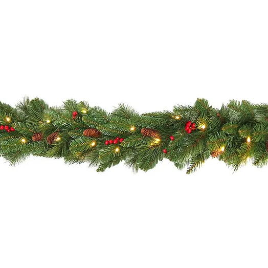 Гирлянда хвойная "Эвридей" с шишками ягодами, 50 тёплых белых LED-ламп, хв