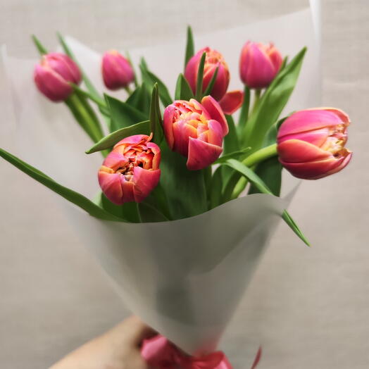 7 розовых пионовидных тюльпанов в матовой пленке