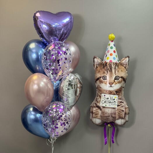 Воздушные шары на день рождения для девушки , девочки , котенок , латексные шары розовое золото , синие , сердца
