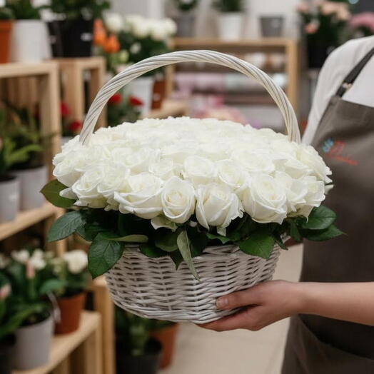 55 Белых роз в корзине