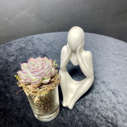 Раздумье. Миниатюра с суккулентом в рюмке и статуэткой из гипса