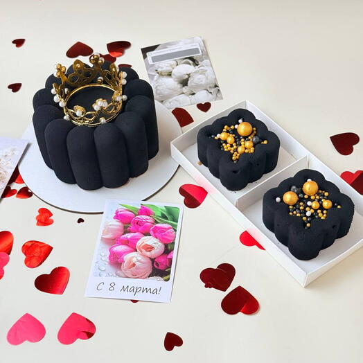 Набор любимой девушке муссовый бенто и 2 пирожных черные на день рождения