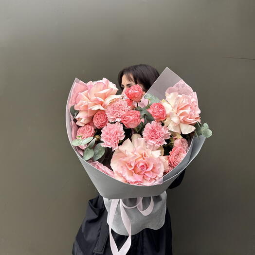Розовая Симфония💖 - французские розы , пионовидные розы, диантусы в сером фоамиране