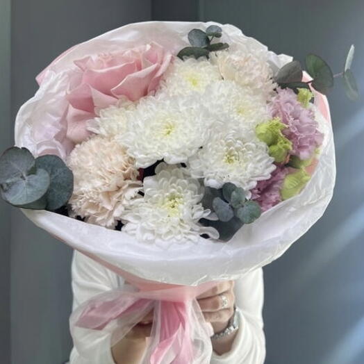 🌸«Весеннее настроение» букет с премиум французской розой, диантусам, эустомой и хризантемой