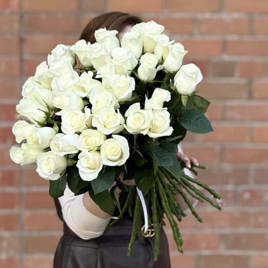 35 white roses with ribbon