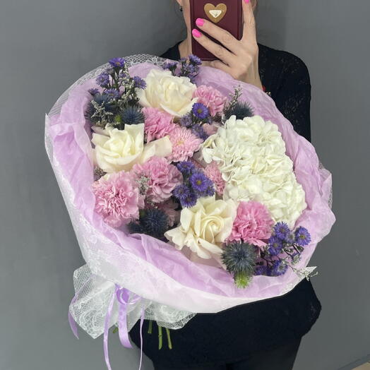 Букет эффектный 🥰 белоснежная гортензия 🤍 французская Роза 🥐🥐🥐 Эстер синий