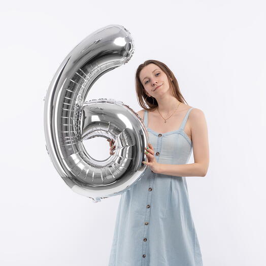 Шар фольгированный - Цифра 6 (серебро) 100см