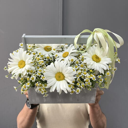Микс ромашек в деревянном ящике 💝