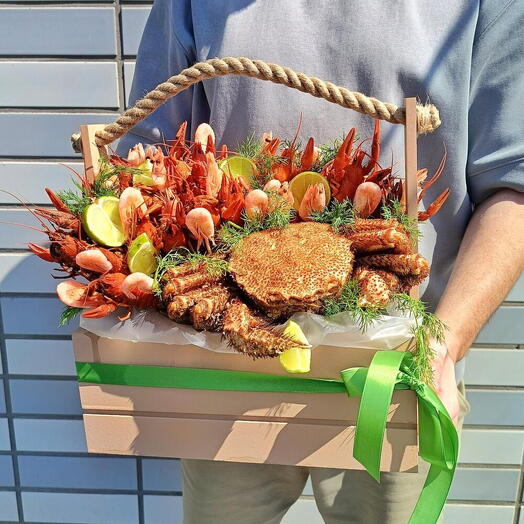 Крабик 🦀 Ящик с крабом и раками и креветками 🦐 Мужской букет Букет раков 🦞Вареные раки Дофаминовый букет