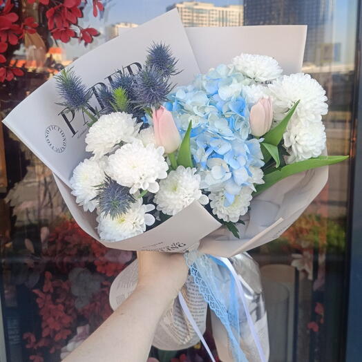 Мальвина 💙Букет с гортензией и тюльпанами 🌷 Тюльпаны Гортензия Хризантема