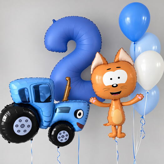 🚜 Набор воздушных шаров «Синий трактор и котёнок Котэ»