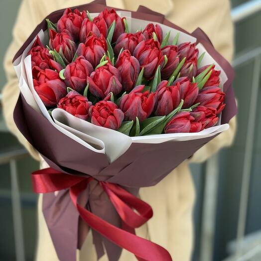 Red peony tulips bouquet