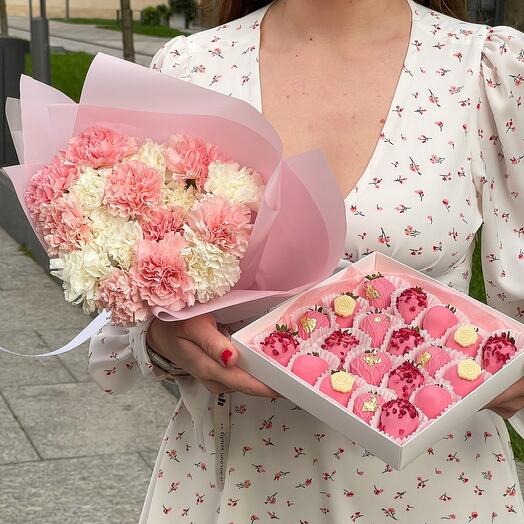 Bouquet of 17 carnations and a set of chocolate-covered strawberries (16-20 pieces)
