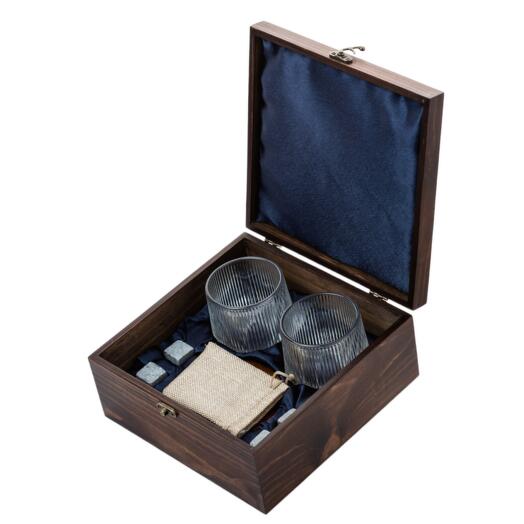 Подарочный набор с камнями для виски в деревянной шкатулке (вращающиеся стаканы с деревянной подставкой) AmiroTrend ABW-302W